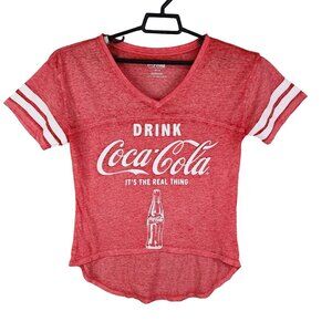 Junior's Red Coca-Cola V-Neck Sheer Shirt Hi Lo V Neck Short Sleeve L (11-13)